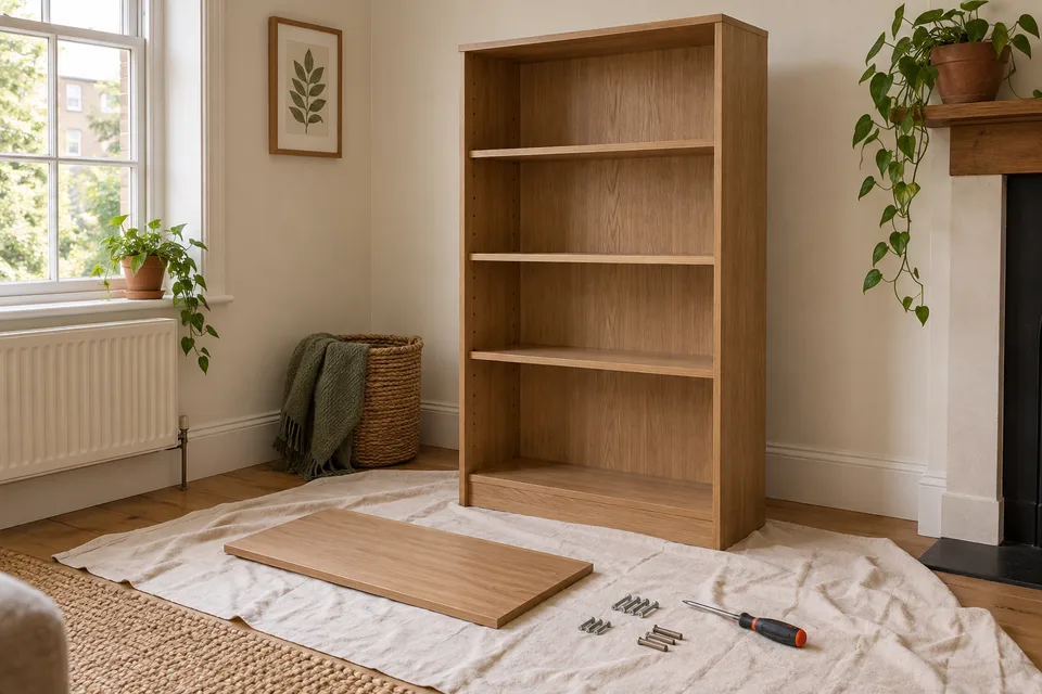 An oak bookcase, a loose shelf and assembly tools on a dust sheet