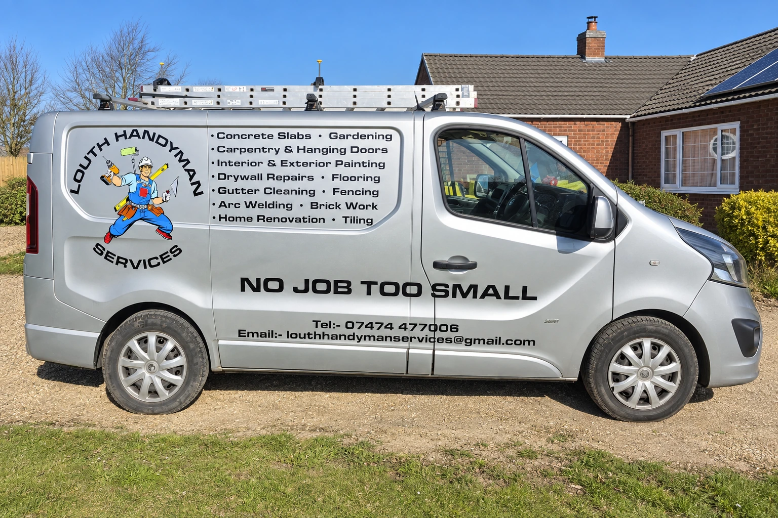 Edited photograph showing the complete Louth Handyman Services van with its logo, service list and contact details