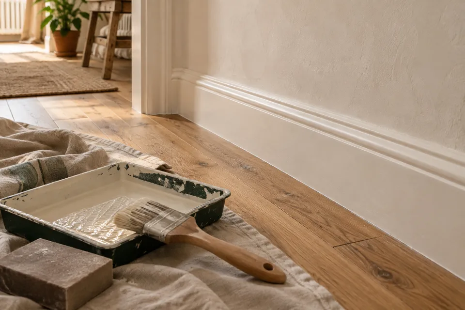 Paintbrush and decorating materials beside timber skirting