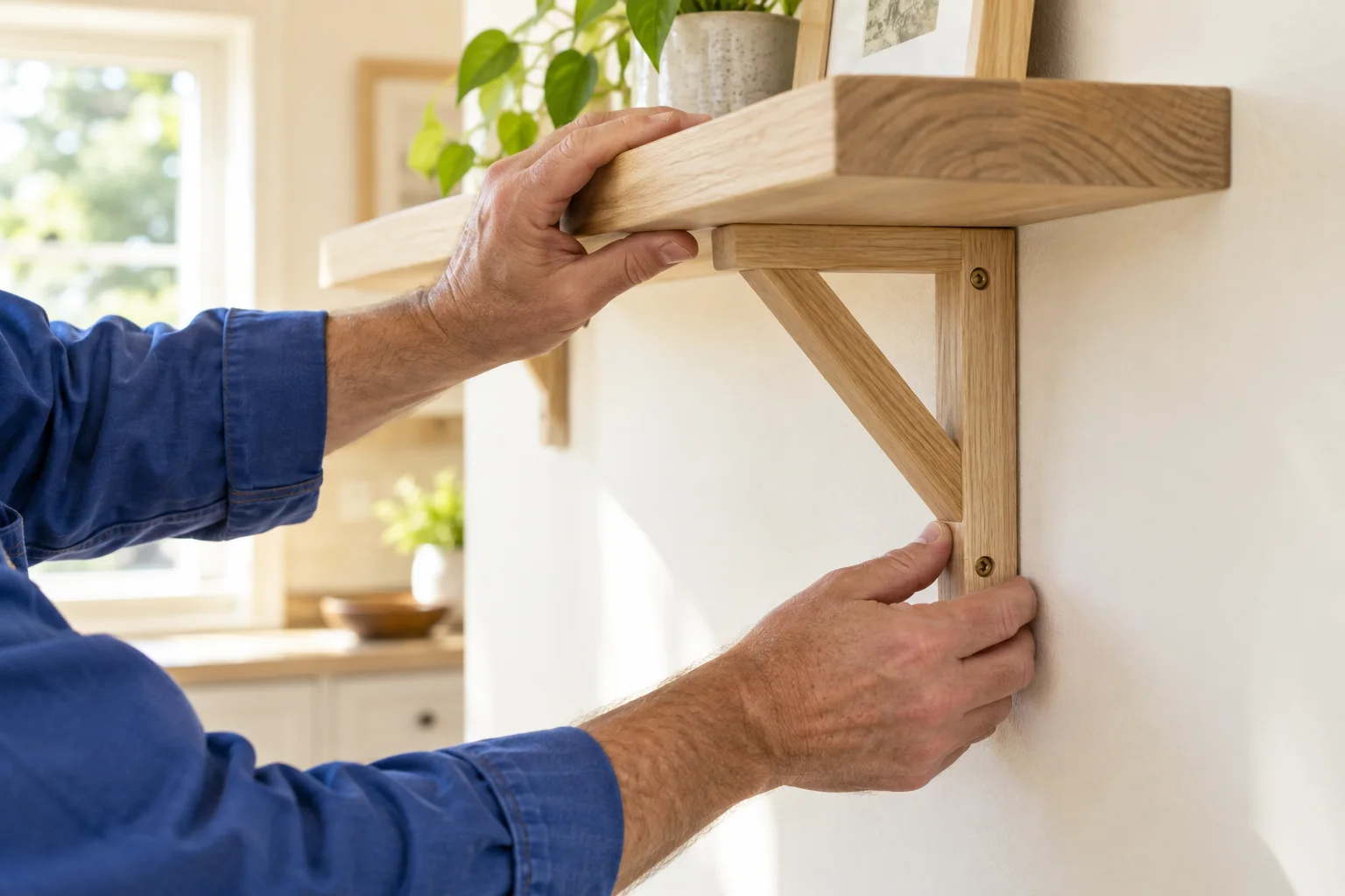Hands fitting a wooden shelf and supporting bracket