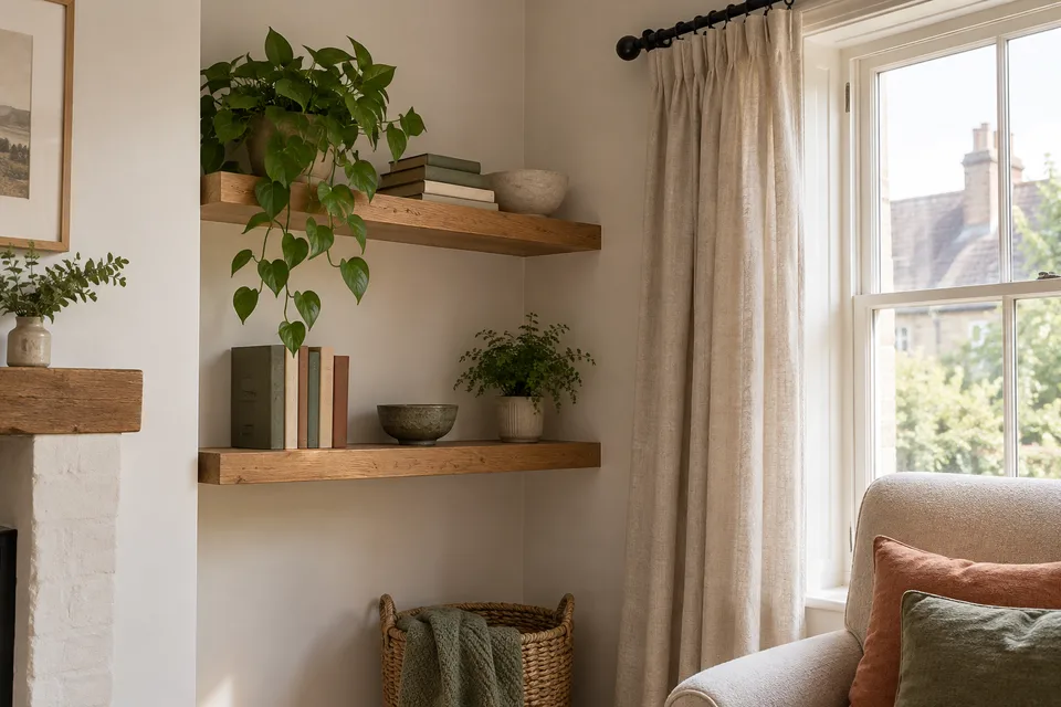 Oak shelves and a linen curtain beside a sash window